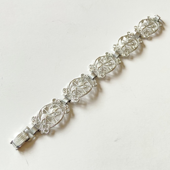 Vintage Flamingo Filigree Bracelet Silver Tone Germany Retro 40-50s MCM Tropical - Picture 2 of 7